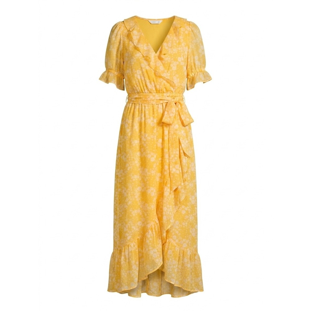 LC Lauren Conrad Yellow‎ Floral Ruffle Wrap Midi Dress Sun Blossom Small